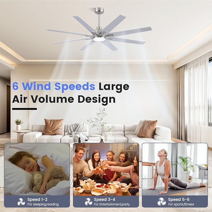 Newday 62 inch Brushed Nickel Ceiling Fan with Light & Remote, Indoor/Outdoor 8-Blade Fan, 6-Speed Silent Reversible DC Motor, 3CCT LED, Timer, 2 Downrods for Living Room/Patio