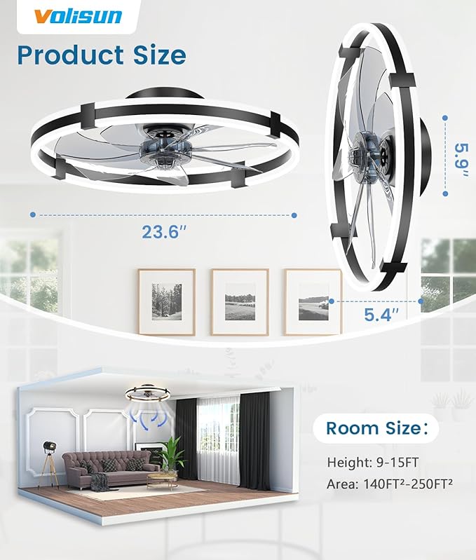 VOLISUN Ceiling Fans with Lights and Remote, 23.6in Low Profile Ceiling Fans with Light, 3000K-6500K Dimmable Fandelier Ceiling Fan, Black Flush Mount Ceiling Fan for Bedroom