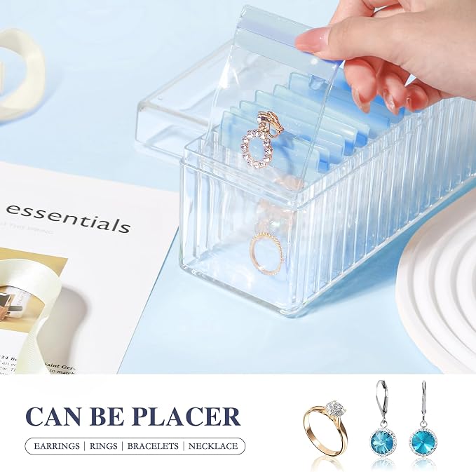 HOMEHIVE Acrylic Jewelry Box Organizer, Clear Jewelry Organizer Holder with 20 Portable Anti Tarnish Jewelry bags, Travel Jewelry Case for Earrings/Rings/Necklaces for Women Girls, Blue