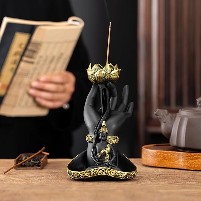 Hand-Held Lotus Backflow Incense Burner & Candle Holder - Zen Waterfall Incense Fountain with Buddha Statue, Resin Incense Burner for Home Decor, Meditation & Yoga Relaxation