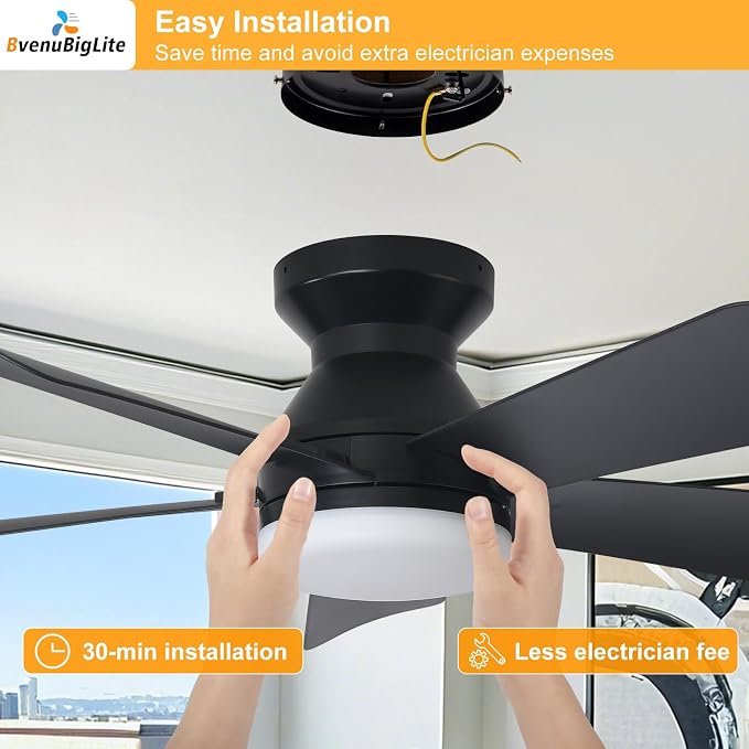 Ceiling fans with lights and Remote: 35 Inch Ceiling Fan with Light Low Profile - Flush Mount Ceiling Fan 5 Blades Reversible 3CCT Dimmable Noiseless for Bedroom (Black)