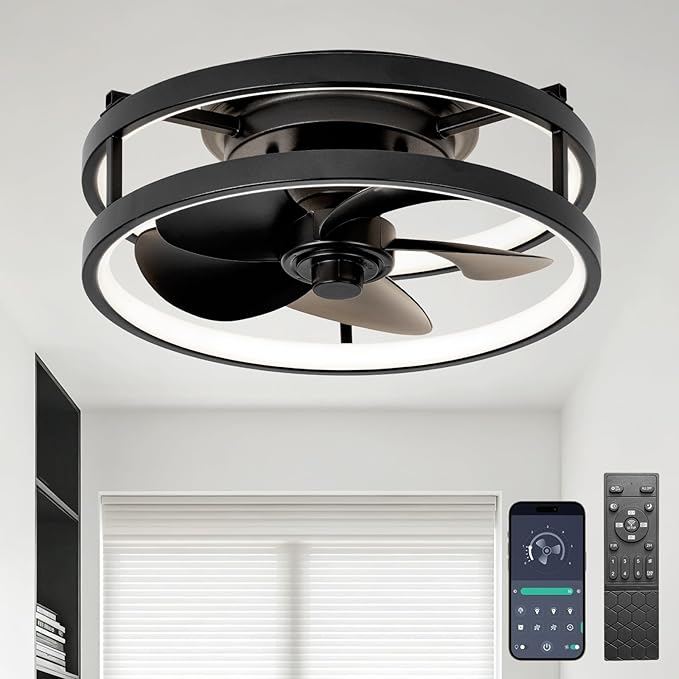 13 Inch Small Ceiling Fan with Light and Remote, Low Profile Flush Mount Fandelier, Dimmable 3CCT Quiet LED Ceiling Fans for Bedroom,Black