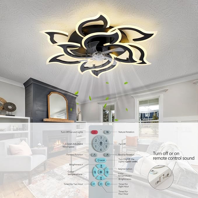38" Black Geometric Ceiling Fan with Lights, 6 Speeds Flower Low Profile Flush Mount Ceiling Fan for Living Room
