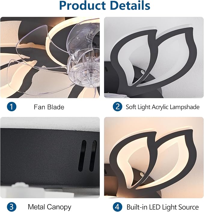 Dalouguan Ceiling Fan with Lights Remote Control, 26" Black Modern Leaf 6 Speeds 3 Light Color Low Profile Flush Mount Ceiling Fan for Kitchen Bedroom