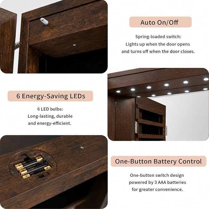 Over the Door Jewelry Organizer, Wall Mounted Jewelry Cabinet, Hanging Mirror with Storage Box, Wall/Door Mounted Full Length Mirror with LED