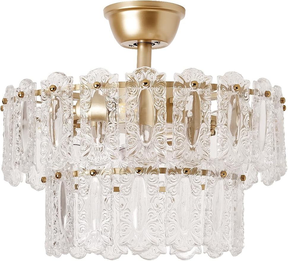 Gold Crystal Fandelier Ceiling Fan with Light, 20" Caged Chandelier Ceiling Fan with Light Remote Control, Mid-Century Enclosed 6 Speeds for Bedroom, Nursery, Living Room, Foyer