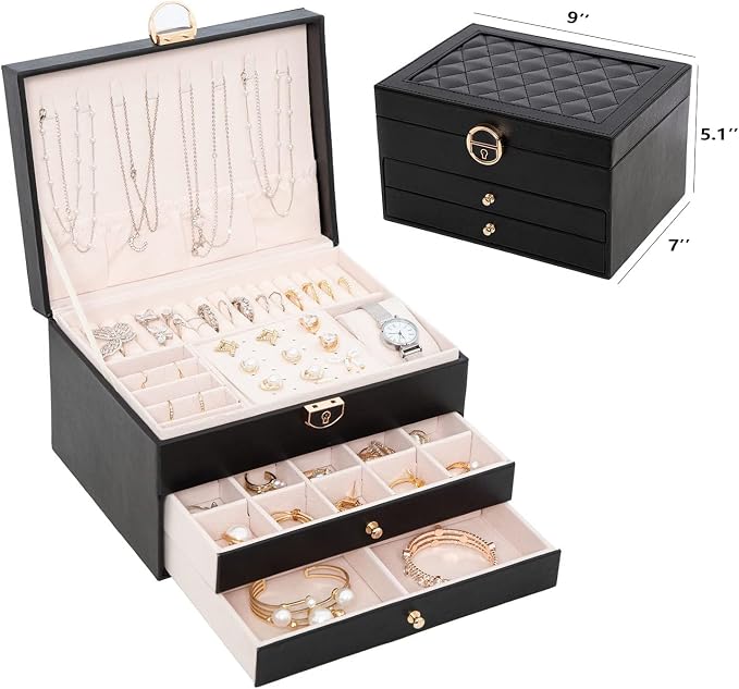 GUOER Jewelry Box for Women Girls, 3 Layers Large Jewelry Organizer (Apricot)