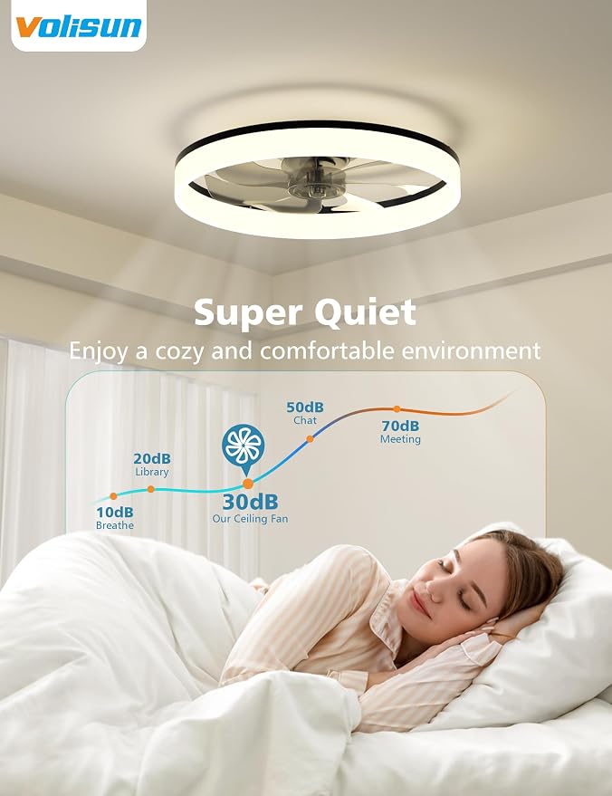 VOLISUN Low Profile Ceiling Fans with Lights and Remote, 20in Fandelier Ceiling Fan with Light, 3000K-6500K Dimmable Bladeless LED Fan Light, Black Flush Mount Ceiling Fans with Lights for Bedroom