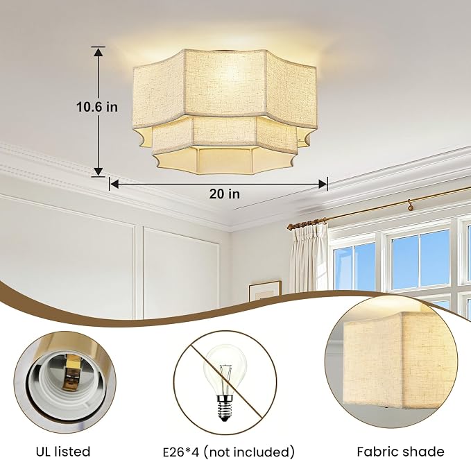 RUIYEY Remote Ceiling Fans with Lights: 20" 2-Tier Fabric Caged Flush Mount Ceiling Fan, 7 Blades 6 Speeds DC Reversible E26 4 Light Modern Low Profile Fandelier for Bedroom Kitchen Living Room
