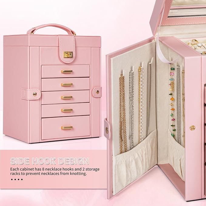 AKOZLIN 6-Tier Jewelry Box Organizer Functional 5 Drawers Leather Jewelry Storage Case for Women Girls Ring Necklace Earring Bracelet Holder Organizer with Mirror Light Pink Regular