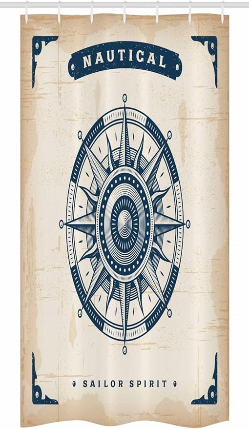 Ambesonne Compass Stall Shower Curtain, Compass Illustration with Lettering Nautical Ocean Adventure Themed Print, Fabric Bathroom Decor Set with Hooks, 36" W x 72" L, Night Blue