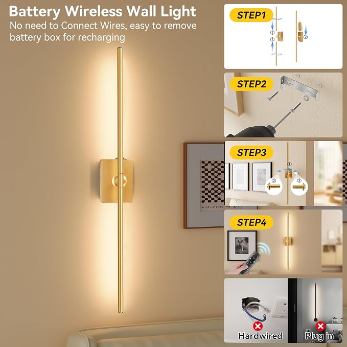Ouyulong Battery Operated Wall Sconces Set of 2, 10000mAh Wireless Rechargeable 3000-6000K Dimmable 350° Rotate Wall Light with Remote for Living Room, Bedroom 31.6in Gold