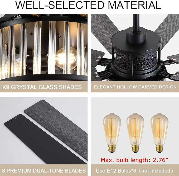 NKPU 52 Inch Farmhouse Crystal Ceiling Fans with Lights and Remote, Chandelier Industrial Ceiling Fan with Dual 8 Blades, 6 Speed Reversible Motor, Timing, Black Ceiling Fan for Living room Bedroom