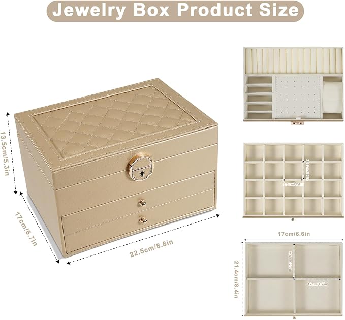 GUOER Jewelry Box for Women Girls, 3 Layers Large Jewelry Organizer(Champagne)