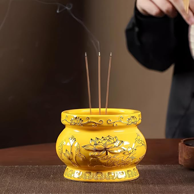 Qinlang Small Yellow Ceramic Buddhist Incense Burner Bowl, Buddha Incense Holder for Stick - 5 Inches