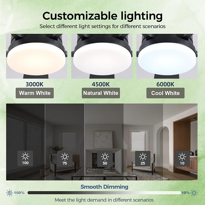 Ceiling Fans with Lights, 48 inch Flush Mount Ceiling Fans with Lights and Remote, Low Profile, Reversible DC Motor, Noiseless, 3CCT, Dimmable LED Ceiling Fan for Bedroom, Living Room, Black