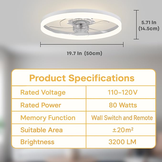 FSZDORJ 20'' Ceiling Fan with Light and Remote, Low Profile Ceiling Fan with Light, Dimmable Flush Mount Ceiling Fan Light, 6 Speeds Fan, App&Remote Control, Fandelier Quiet Fan for Bedroom F115 Black