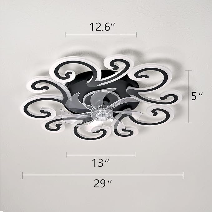 Black Flower Modern Ceiling Fans with Lights, Low Profile Ceiling Fan with Remote for Bedroom, Flush Mount Ceiling Fan with LED Dimmable Light,6-Speeds, Timing CeilingFan Light-yun