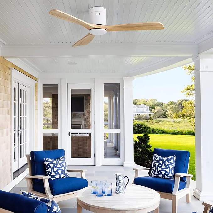 Sofucor Ceiling Fan No Light 52 Inch Flush Mount Ceiling Fan, Quiet Reversible DC Motor, Solid Wood Indoor Outdoor Ceiling Fan with Remote Control, 6-Speed for Bedroom Patio Farmhouse