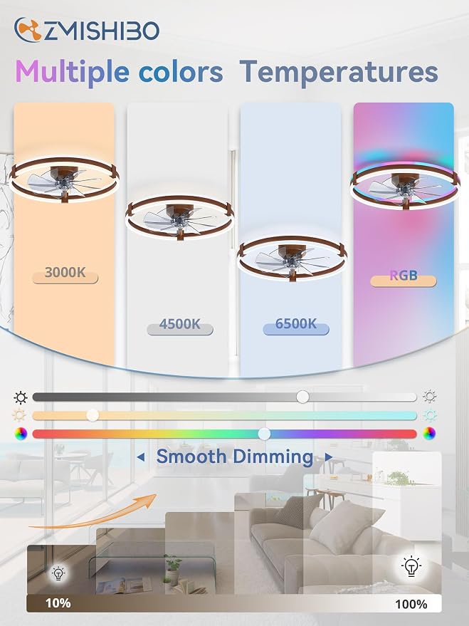 ZMISHIBO RGB Ceiling Fans with Lights and Remote, 23 inch Low Profile Ceiling Fan with Light, 3000K-6000K Dimmable & RGB, Modern Fandelier Flush Mount Ceiling Fan, Small LED Fan for Bedroom,Walnut