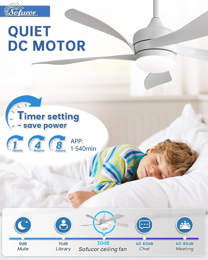 Sofucor 42" Smart Ceiling Fan, Indoor/Outdoor White Ceiling Fans with Lights and Remote, Works with Alexa/Google/App, 3-Color Light 6-Speed Timing Reversible DC Motor for Bedroom Living Room Patio