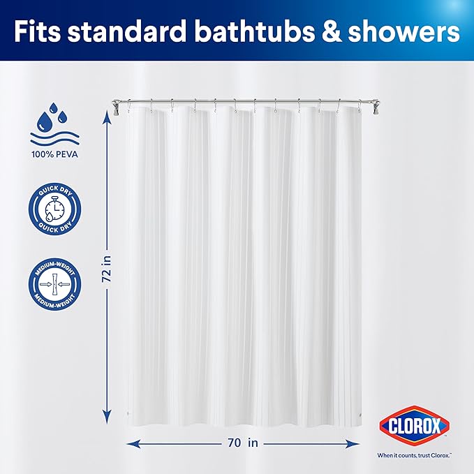 Clorox Shower Curtain Liner, Premium Striped Medium-Weight Durable Waterproof 6g PEVA for Bathroom with Weighted Magnets, Printed Standard Size 72" x 72", White