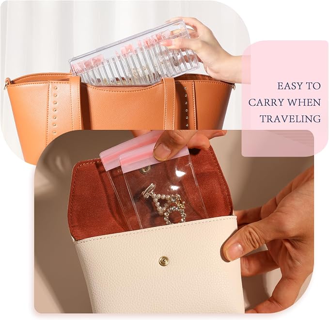 HOMEHIVE Acrylic Jewelry Box Organizer, Clear Jewelry Organizer Holder with 20 Portable Anti Tarnish Jewelry bags, Travel Jewelry Case for Earrings/Rings/Necklaces for Women Girls, Pink