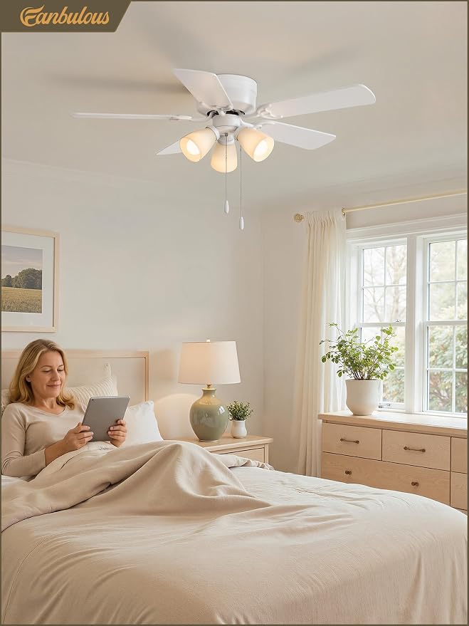 Fanbulous 44" White Flush Mount Ceiling Fan with Light & Remote, DC Motor | Shatterproof PP Shades, Pull Chain Control, Low Profile for Bedroom, Living Room, Kitchen