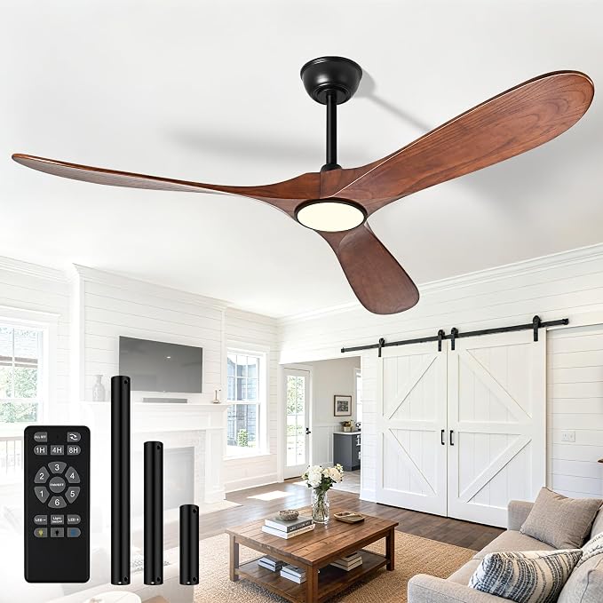 52 Inch Ceiling Fans with Lights and Remote, Wood Outdoor Ceiling Fan with 6 Speed Noiseless DC Motor, Indoor Modern 3 Blade Propeller Ceiling Fan for Bedroom Living Room Gazebo Patio(Walnut)