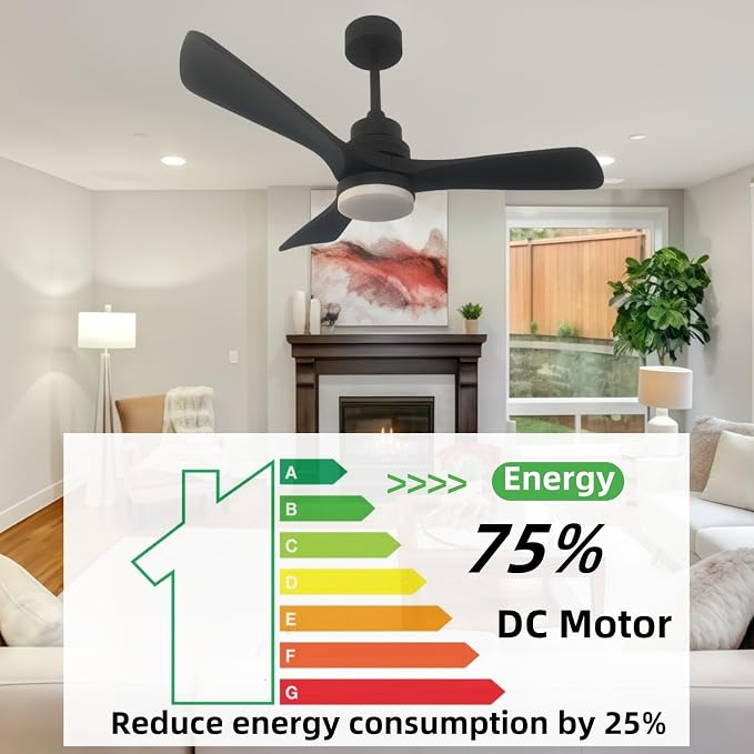 42-inch solid wood ceiling fan with light, black propeller ceiling fan, silent DC motor, suitable for bedrooms, living rooms, dining rooms, porches, indoor and outdoor use(Black, 42 inch)