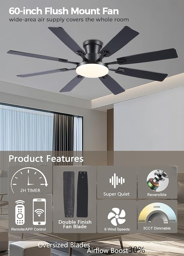 JSAITEE 60Inch Ceiling Fan with Lights, Large Low Profile Flush Mount,Black | Ceiling Fans,DC Reversible Motor Noiseless, 3CCT Dimmable, Dual Finish, 6 Speeds Ceiling Fan for Indoor/Outdoor