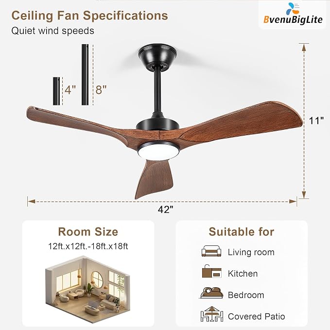 Ceiling Fans with Lights and Remote: 42-Inch Ceiling Fan 3 Blades Low Profile Outdoor - Walnut Ceiling Fans with Remote Control Quiet Reversible DC Motor for Patio Living Room