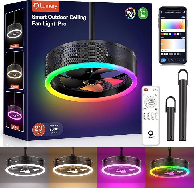 Lumary Smart Gazebo Ceiling Fans with Color Lights for Patios Outdoor, 20in | RGBAI+White Dimmable, Wi-Fi Bluetooth Connect, Work with Alexa/Google/APP, Waterproof Plug in Ceiling Fan with Hook/Remote