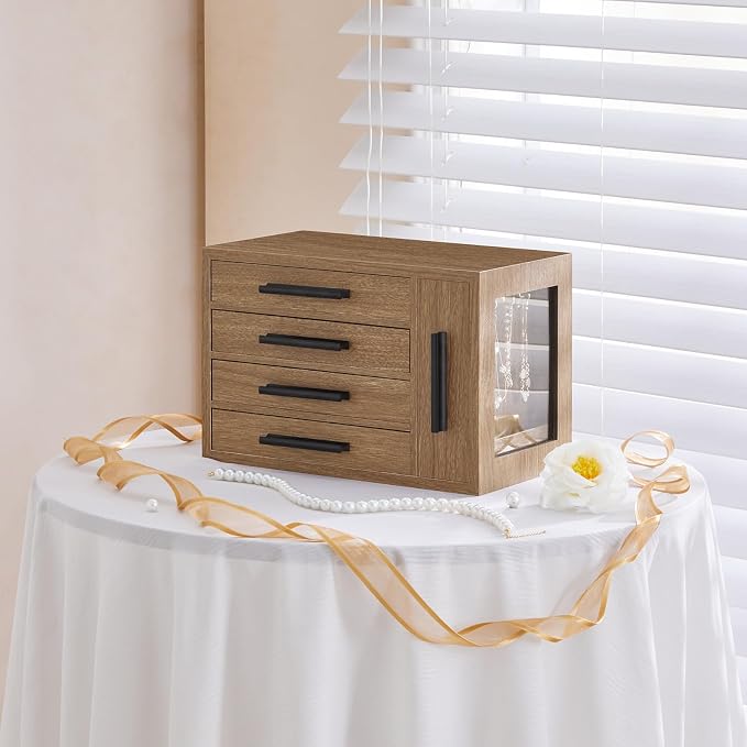 HOOBRO Jewelry Box for Women, Wooden Jewelry Organizer with Transparent Window, 4-Layer Jewelry Organizer Box, Jewelry Holder Organizer for Earrings, Necklaces, Rings, Light Walnut and Black BSD09JB04