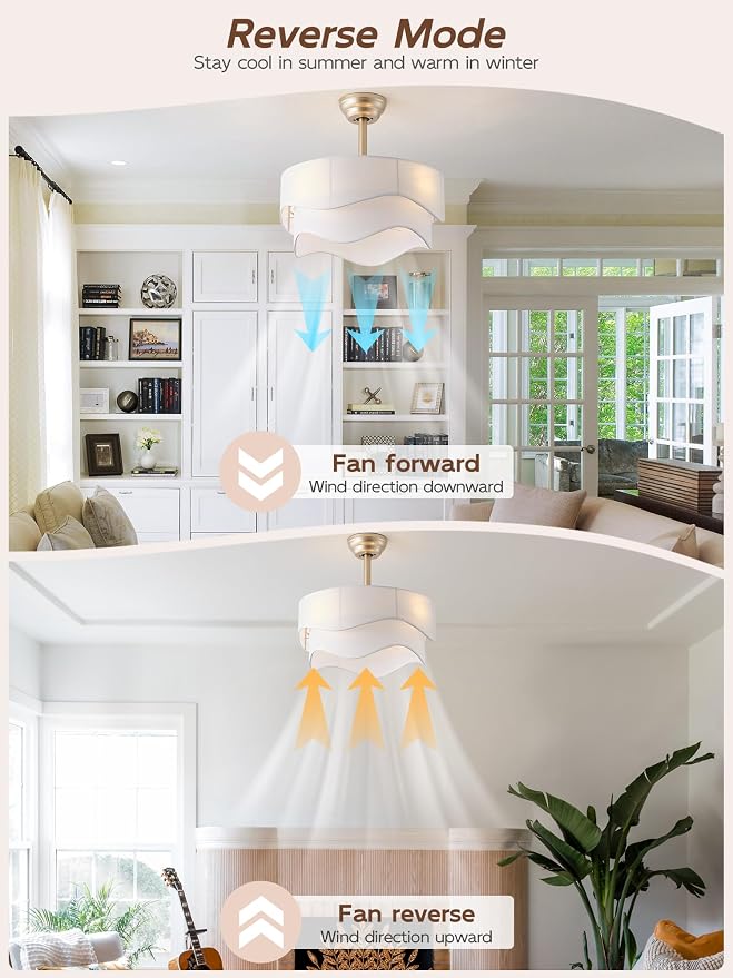 20" Boho Fandelier Ceiling Fans with Lights, Gold Fandelier Ceiling Fans with Light Remote Control, Fabric 6 Speeds Reversible for Bedroom, Living Room, Nursery, Kitchen (White)