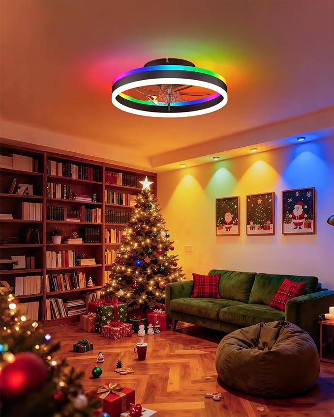 RGB Ceiling Fan with Lights, Low Profile Ceiling Fans with Lights and Remote, Flush Mount LED Fan Light, Modern Bladeless Fandelier for Bedroom Works with APP, 16IN Black