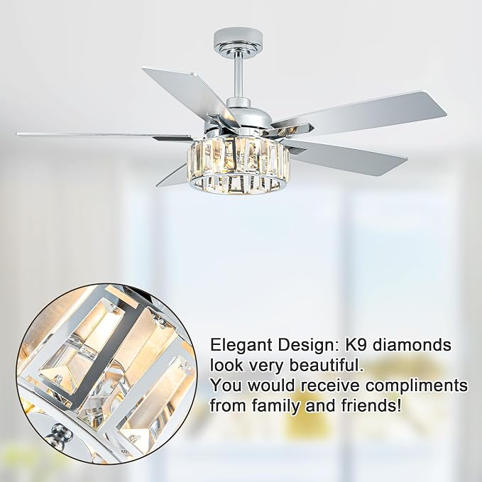Dawn Whisper 52" Crystal Chandelier Ceiling Fans with Lights and Remote | Modern Design Quiet Reversible DC Motor 6 Speeds Timer for Living Room Bedroom