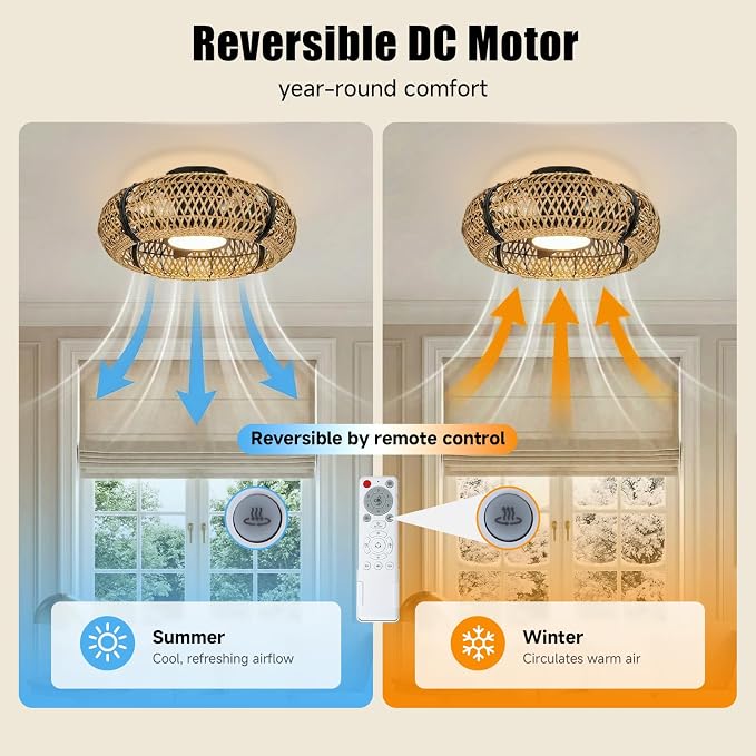 ocioc 20" Fandelier Ceiling Fans with Lights and Remote,Caged Ceiling Fan with Light,Flush Mount Low Profile,Bladeless,Quiet Reversible DC Motor,Boho Rattan Ceiling Fan for Bedroom,Living Room