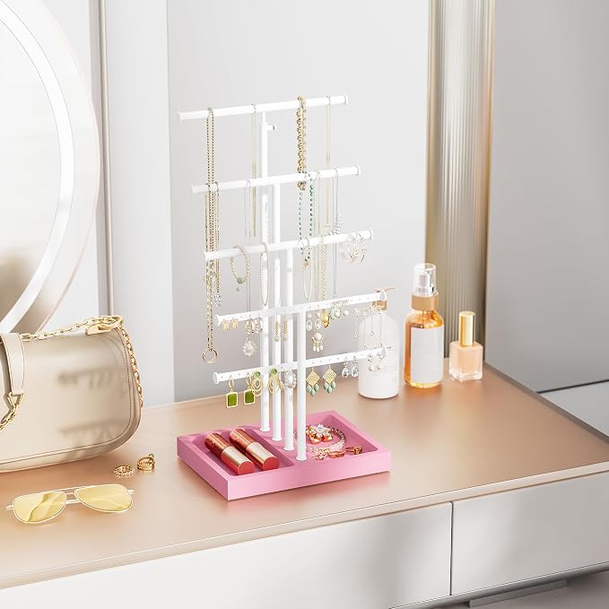Love-KANKEI Jewelry Organizer Stand 5-Tier,Adjustable Height,Pink/White | Metal Rod,Solid Wood Base,Easy to Install,Tree Style,Display Long Necklaces,Bracelets,Earrings,Rings,Watches,Bangles,Gift