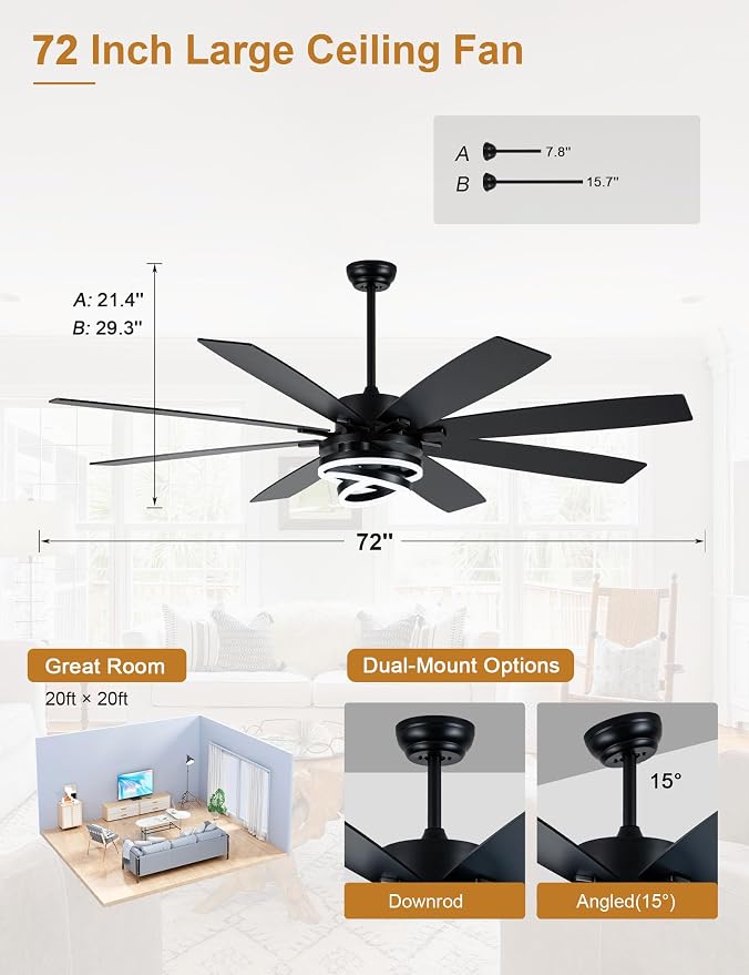 72" Large Black Modern Ceiling Fans with Lights | Remote, 6-speed reversible DC motor, dimmable, 3 adj rings; suitable for indoor/outdoor use, living room & kitchen.