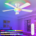Depuley Ceiling Fan with RGB Light: 42-Inch White Small Fans for Bedroom Indoor Outdoor - Dimmable Low Profile Ceiling Fans with Remote Control Flush Mount 5 Reversible White Blades 6 Speeds Timer