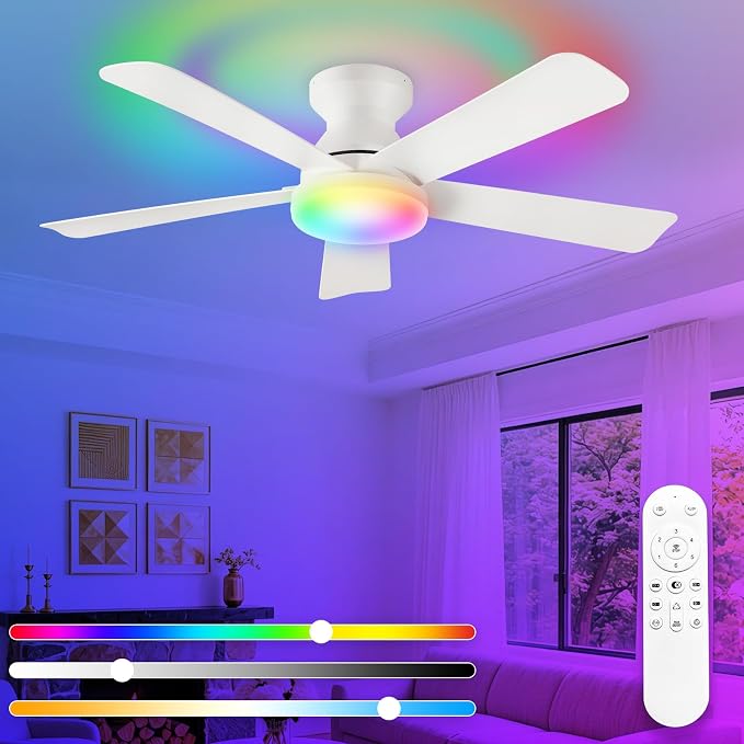 Depuley Ceiling Fan with RGB Light: 42-Inch White Small Fans for Bedroom Indoor Outdoor - Dimmable Low Profile Ceiling Fans with Remote Control Flush Mount 5 Reversible White Blades 6 Speeds Timer