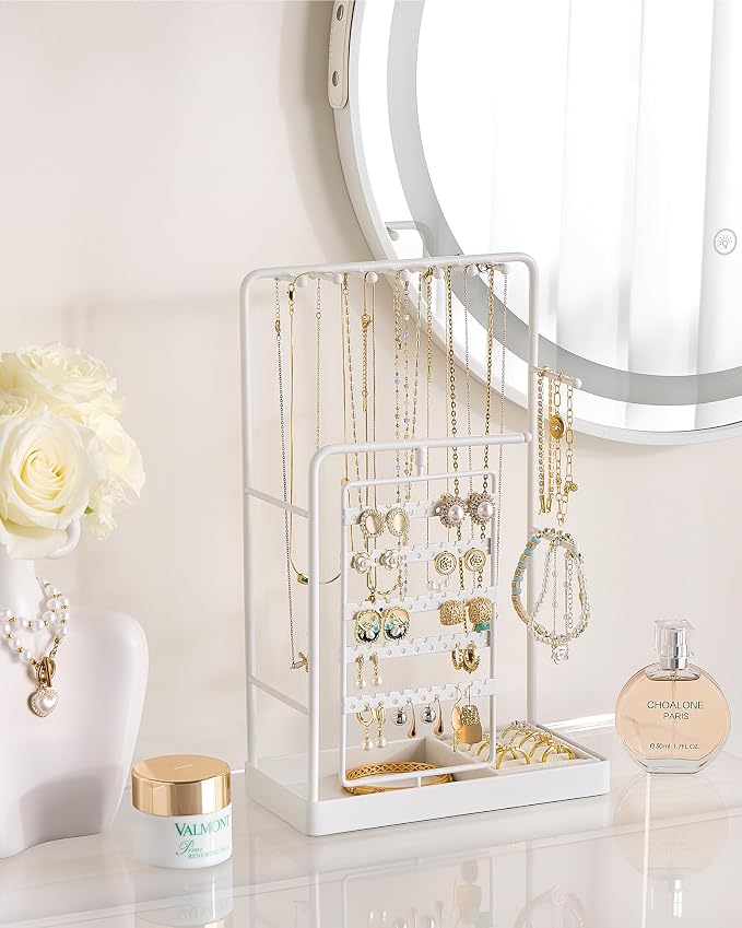 ProCase Jewelry Stand Holder Organizer and Storage, White (No-Assembly) | Rotating Earring Bracelet Holder Storage, Hanging Jewelry Display Velvet Ring Tray, Teen Girls Birthday Gifts Room Dorm Decor