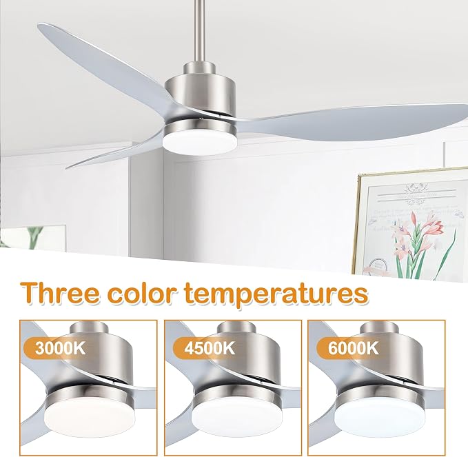 52" Ceiling Fans with Lights and Remote, Quiet DC Motor, 3 Reversible Blades, 6-Speed, Modern Industrial Brushed Nickel Ceiling Fan with 3-Color LED Light Fandelier for Bedroom Living Room