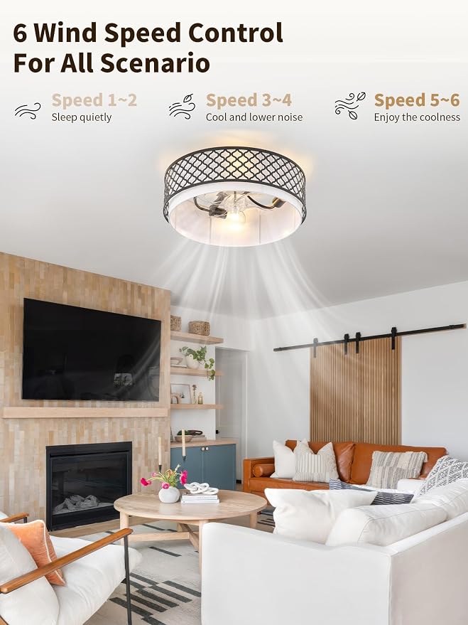 20" Farmhouse Rustic Flush Mount Ceiling Fan with Light, Black Ceiling Fans with Lights Low Profile, Enclosed with Remote Control 6 Speeds for Living Room, Bedroom, Nursery