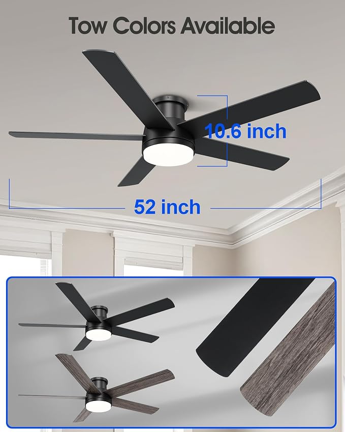 52 Inch Flush Mount Black Ceiling Fan with Light and Remote | 6-Speed Quiet Reversible DC Motor, Dimmable 3CCT LED, 3 Timing Settings, 5-Blade Modern Design, Indoor or Covered Outdoor Use