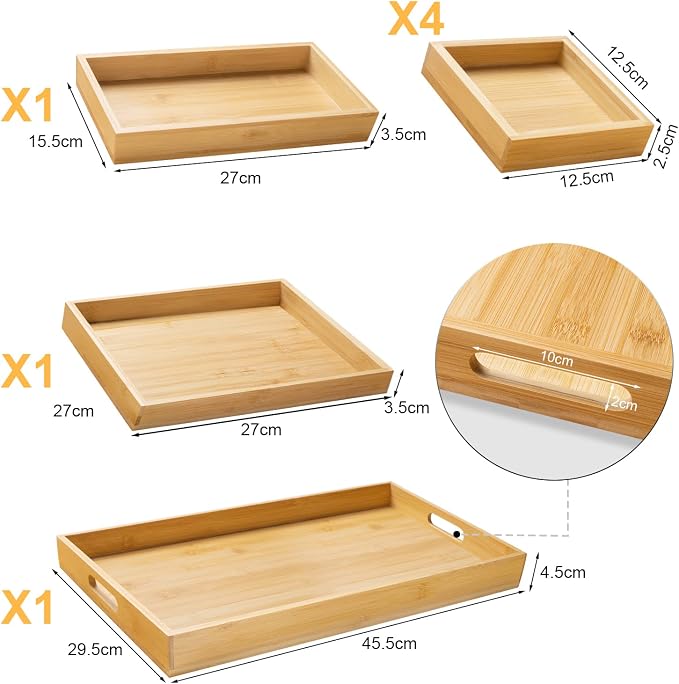 Wood Serving Tray with Handle, Set of 7 Nesting Rectangular Trays for Party | 4 Sizes Tray-Snacks to Entrees,Decorative Serving Platter for Breakfast Bed,Lunch,Ottoman,Coffee Table,BBQ-Great for Lap&Sofa