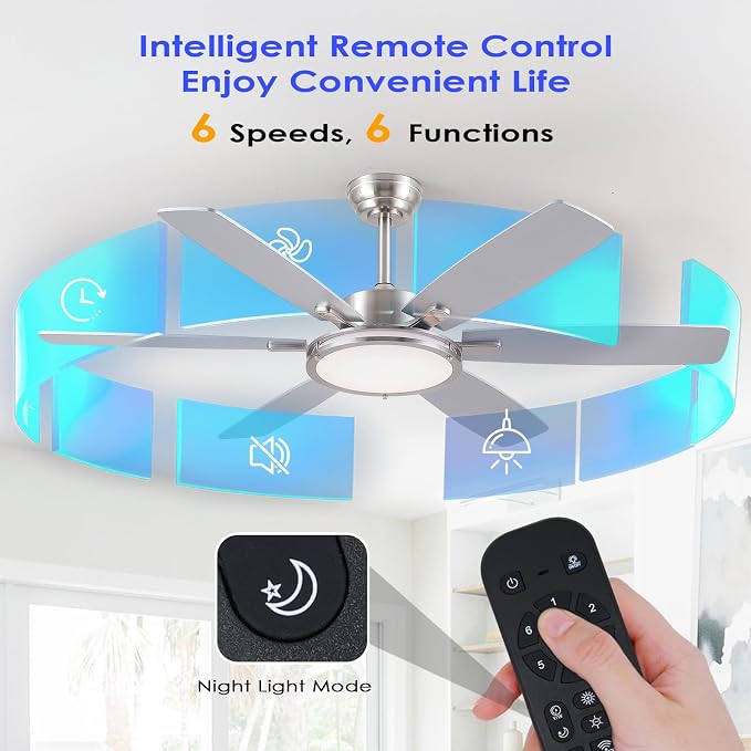 Hounber 52 Inch Ceiling Fans with Lights and Remote, Brushed Nickel Ceiling Fan with 6 Blades Dual Finish, 3CCT, Dimmable, Quiet DC Reversible Motor, Modern Ceiling Fan for Bedroom, Patio, Living Room