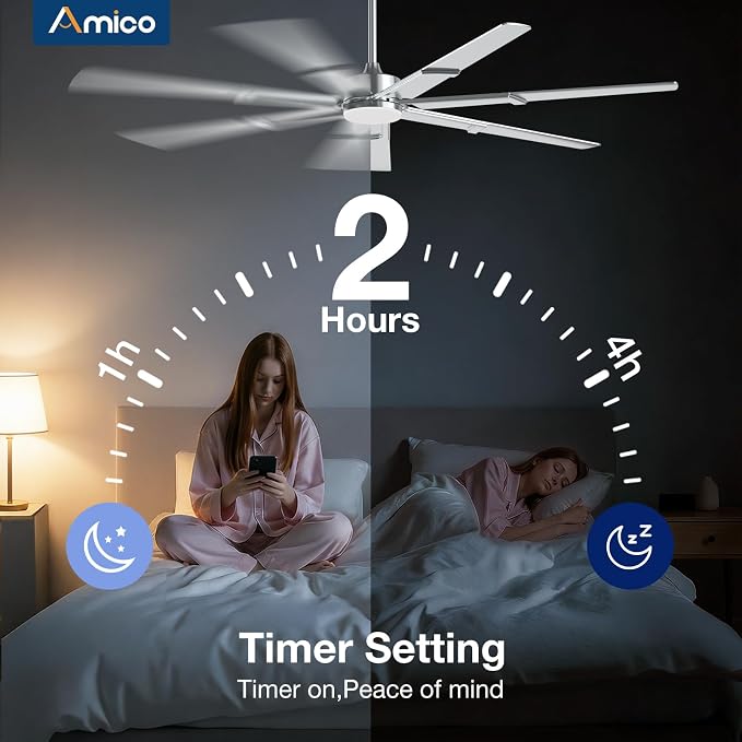 Amico Ceiling Fans with Lights,74 inch Nickel Ceiling fan with Light and Remote, 6 Speed Reversible DC Motor, 3CCT, Dimmable, Quiet, Timer, Outdoor Ceiling Fan for Patio, Living room, Indoor/Outdoor