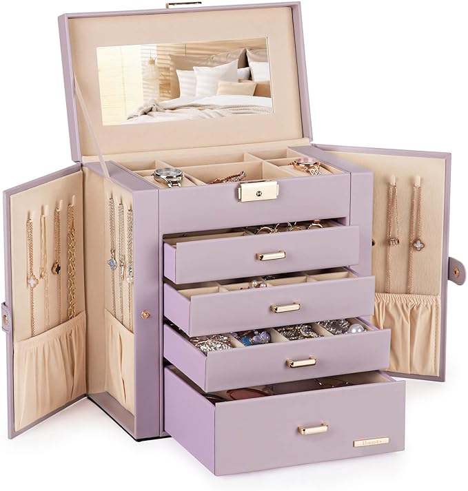 Homde Synthetic Leather Huge Jewelry Box Mirrored Watch Organizer Necklace Ring Earring Storage Lockable Gift Case (Grey Purple + Gold)
